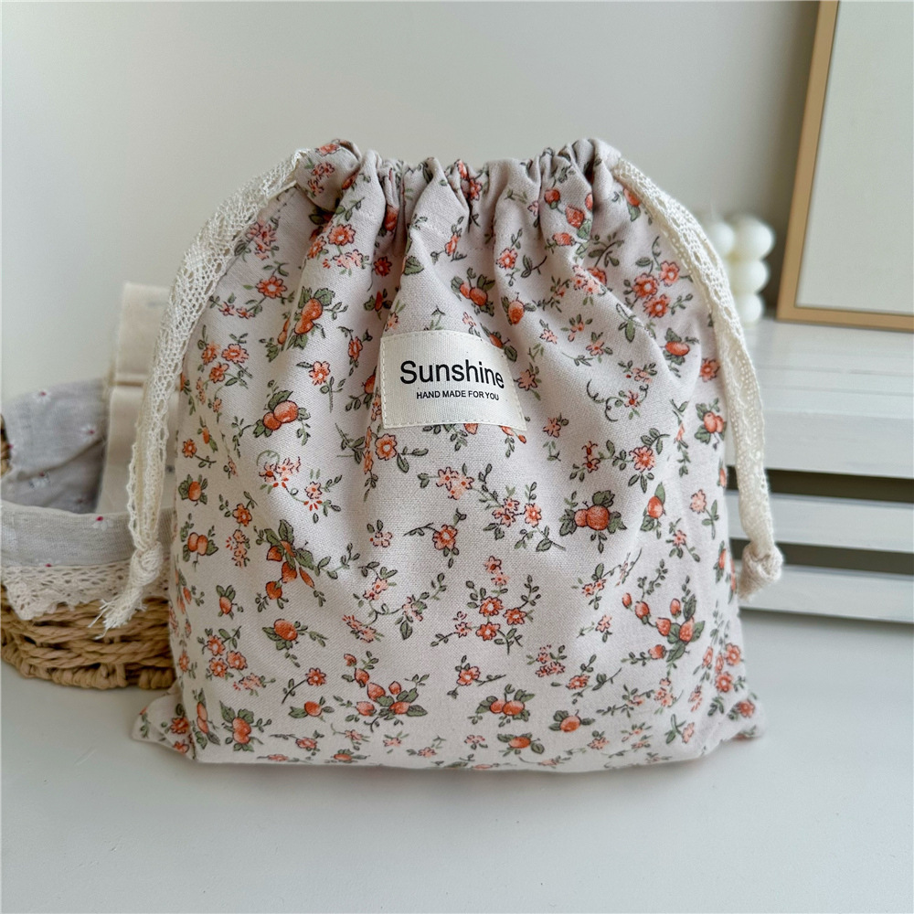 Ins estilo mori algodón cepillado color tierra floral bolsa de cordón clasificación en el hogar bolsa de almacenamiento bolsa de viaje grande