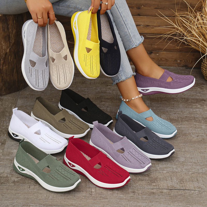 Women's Casual Shoes, Cross-Border Teme Dropshipping Women's Shoes, Fly-Knit Breathable Mom Shoes, Shallow Mouth Cloth Shoes, Lightweight Single Shoes