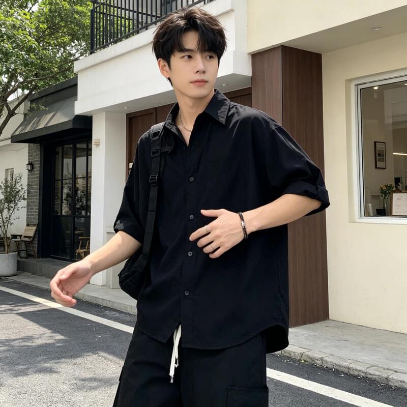 Black Ice Silk Short-Sleeved Shirt for Men, Summer Thin Style, High-End, Cool and Casual Shirt and Pants Set for Men