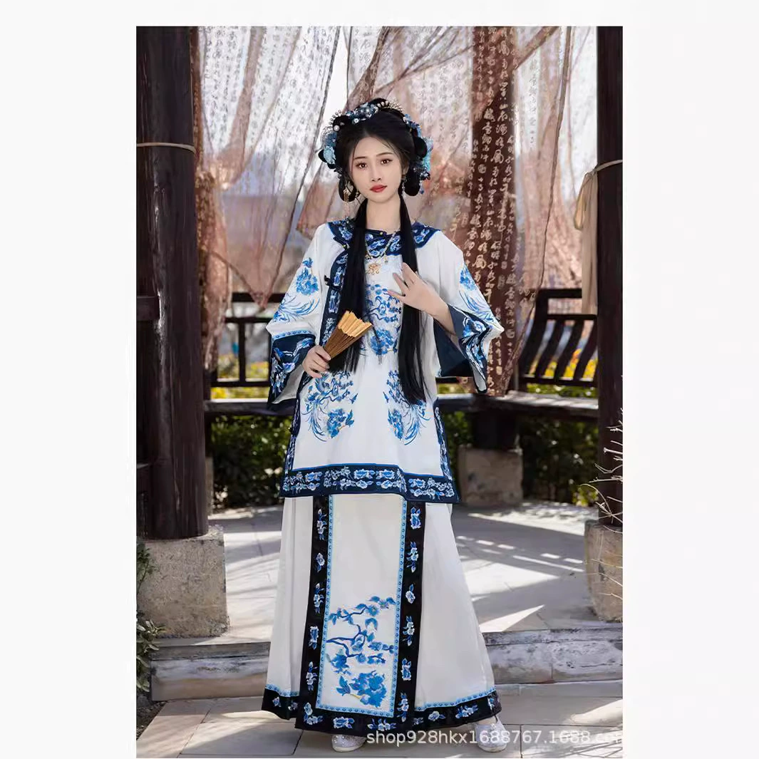 Студия Quanzhou Xunpu женский цветок Hanfu синий и белый фарфор ретро Qingwu Gege флаг костюм костюм для путешествий