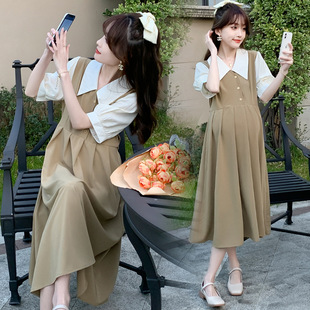 Pregnant Women 2024 Summer New Korean Doll Collar Fashion Mom Fake Two-piece Slim Over-the-knee Long Dress