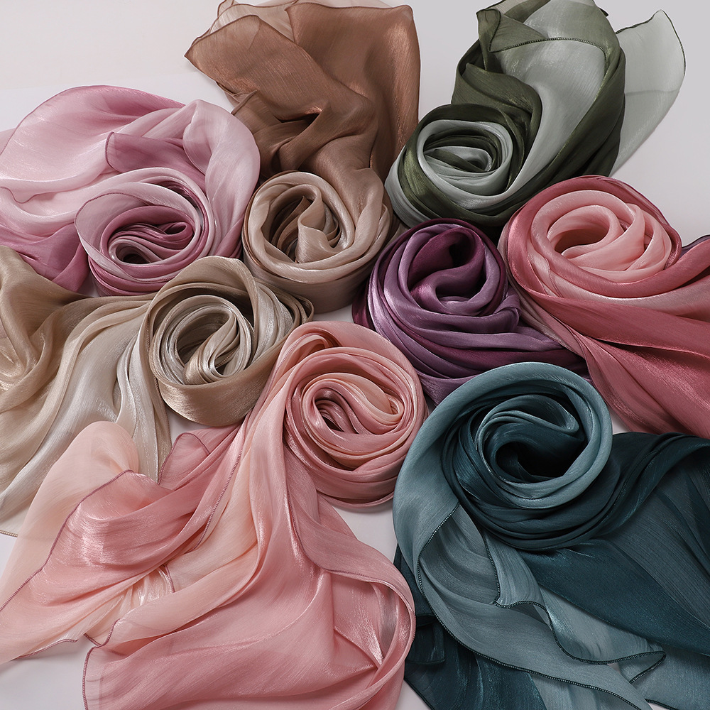 New Gradient Color Breathable and Cool Island Satin Crepe Long Scarf Malaysian Shiny Silk Scarf Headscarf