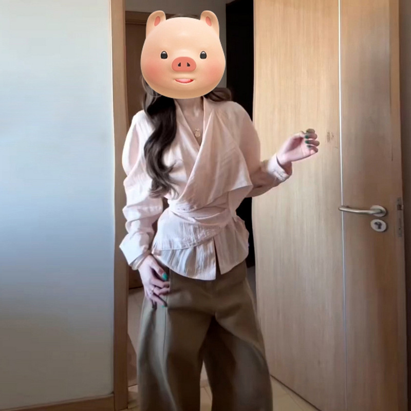 韩系慵懒交叉绑带粉色长袖衬衫女早秋新款小众设计感收腰显瘦上衣|undefined