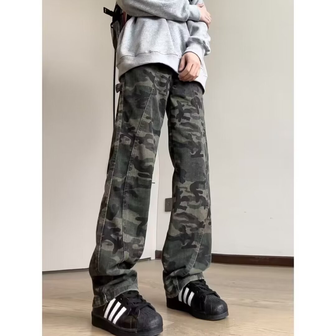Vaqueros de camuflaje para hombres y mujeres nuevos pantalones retro americano de la calle alta pantalones anchos rectos sueltos