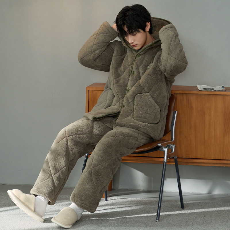 Pijama de hombre para hombre 2024 invierno encapuchado tres capas de algodón intercalado de mangas largas con camisa gruesa se puede usar en el exterior conjunto de ropa de casa