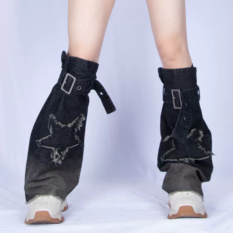 Retro denim gaiters, mid-length, distressed knee design, adjustable strap, one size