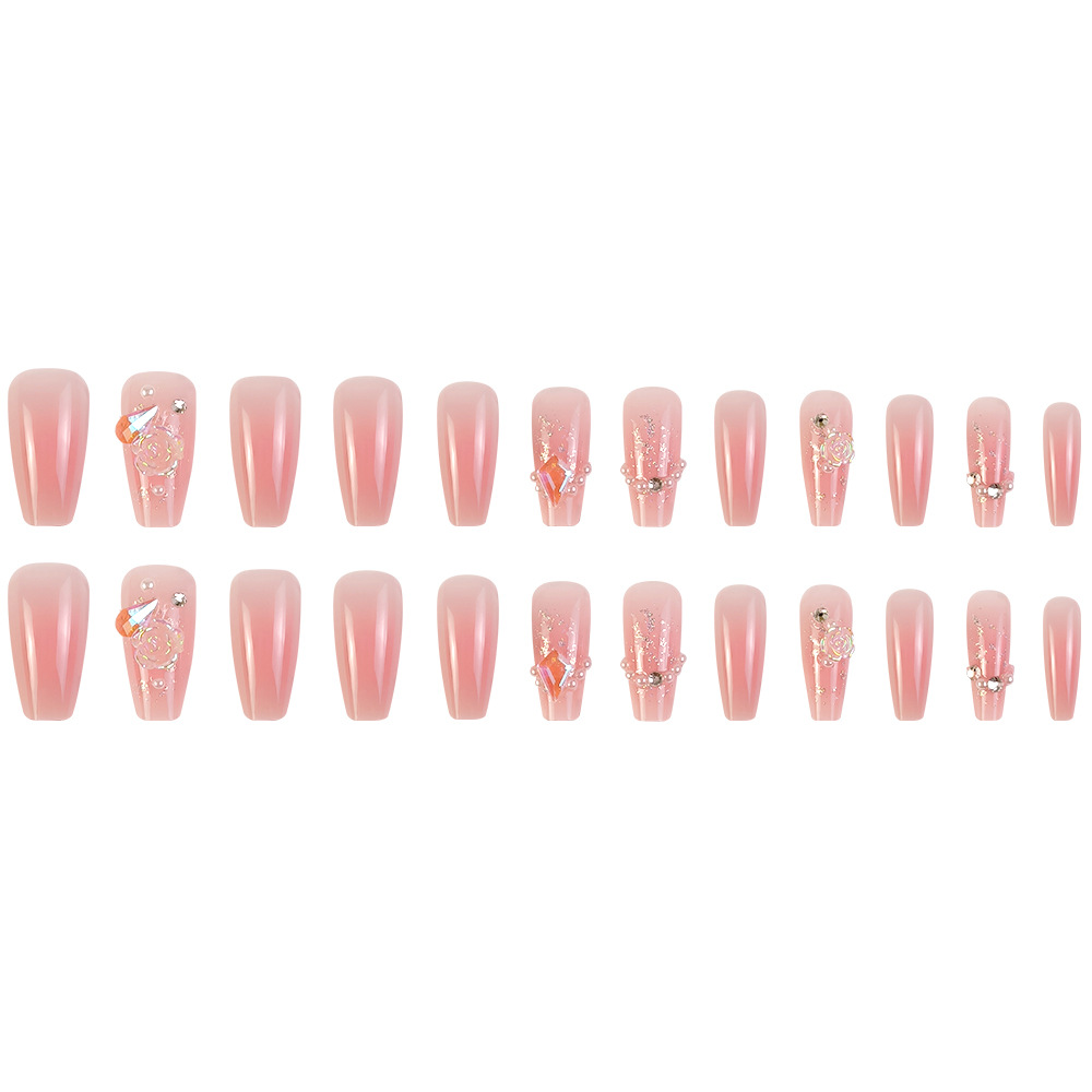 Dolce polvo rosa permeable manicure, lujo ligero, suave, estilo de hadas, 24 piezas de parche de uñas.