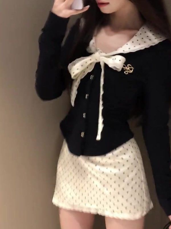纯欲风娃娃领绑带t恤套装女秋冬高腰波点包臀半身裙修身长袖上衣|undefined