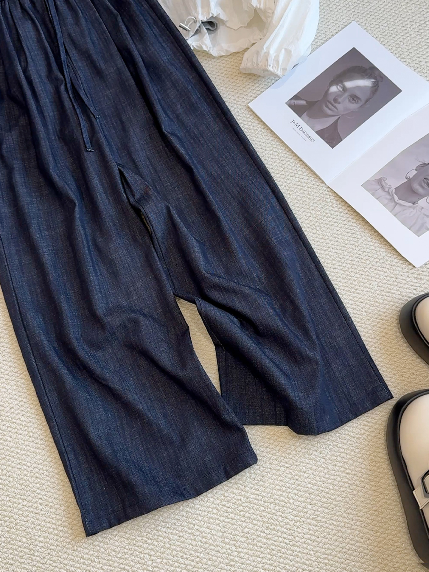 Quần jean ống rộng cạp cao dây rút cổ điển mùa hè cho nữ — màu xanh denim chi tiết 11