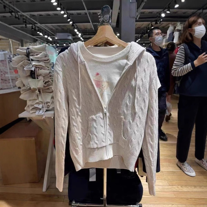 Bm Style American Hooded Twist Drawstring Knitwear Knitwear Top Sexy Pure Desire Short Cardigan Zipper Jacket