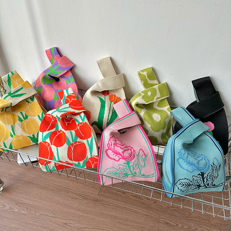 Nueva serie de flores frescas pequeñas bolsas de punto para mujeres, bolsas de transporte de gran capacidad, regalos para maestros