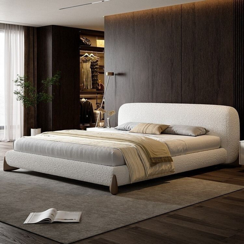 Cream Style Light Luxury Modern Simple Lambswool Bed Minimalist Internet Celebrity Solid Wood Double Master Bedroom Soft Velvet Fabric Wedding Bed