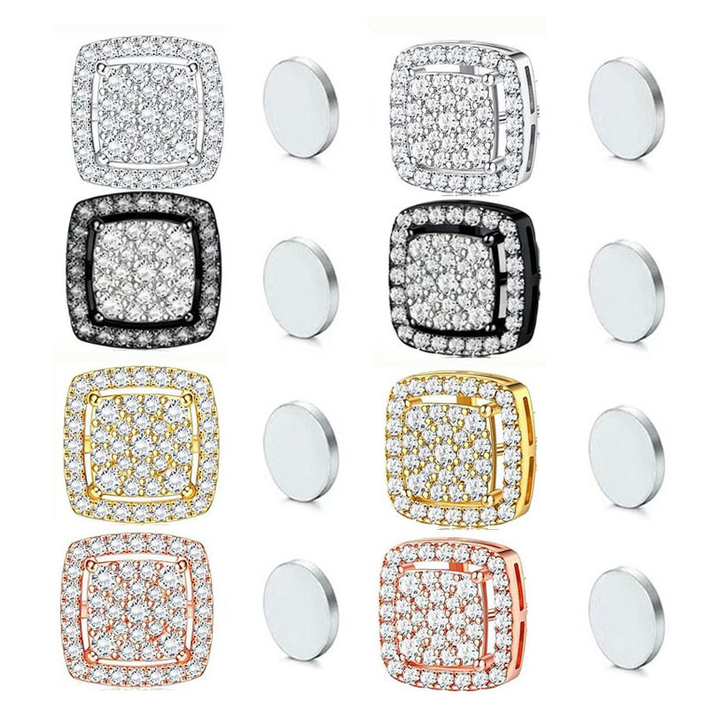 Square Full Diamond Non-Pierced Magnetic Ear Clips European and American Simple Light Luxury High-End Sugar Cube Daily Versatile Style