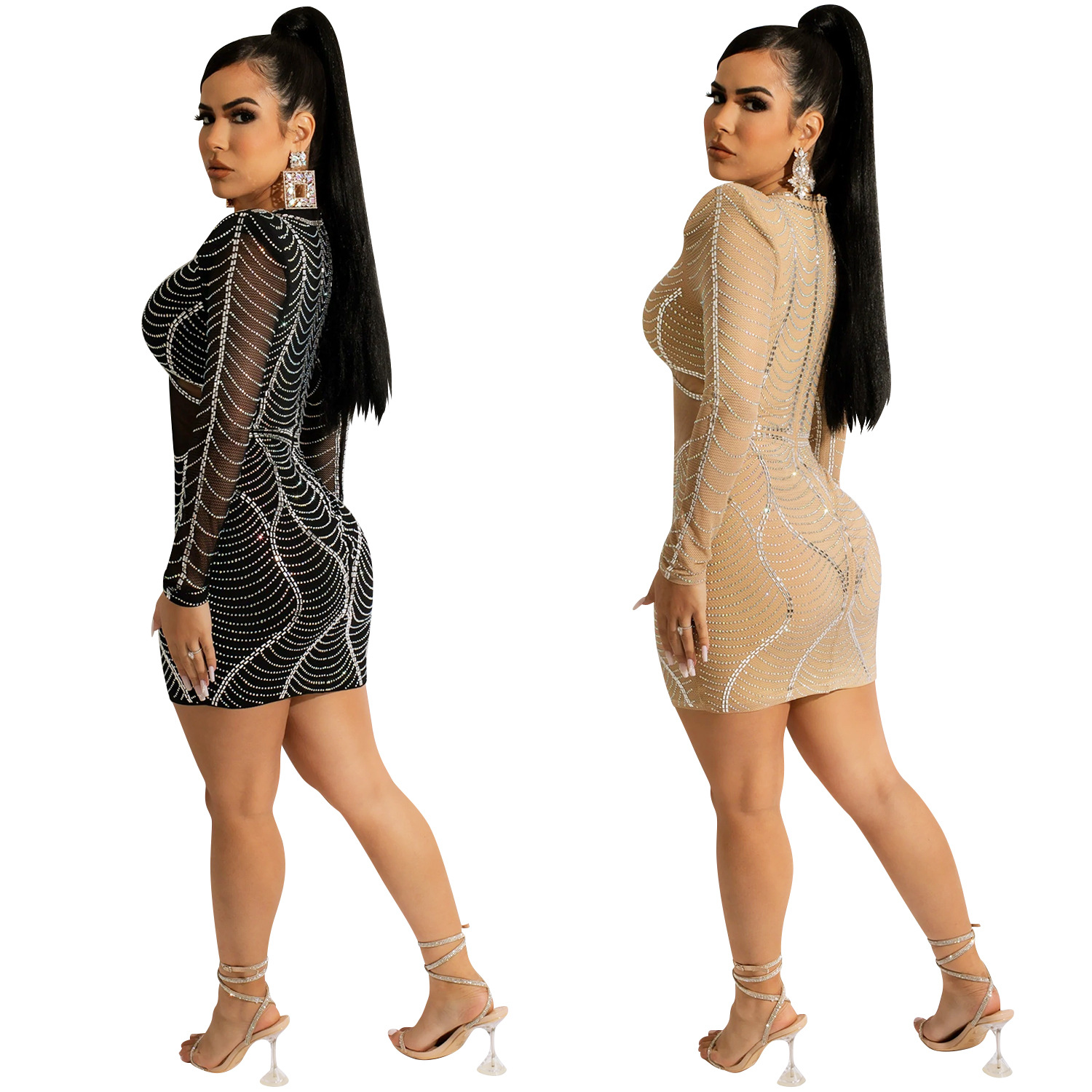X5656 transfronterizo Amazon AliExpress moda sexy mujer discoteca manga larga rhinestone malla ver a través del vestido image 5