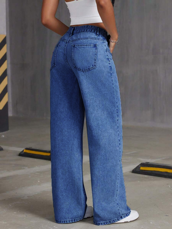 欧美跨境2025新款宽松浅蓝色水洗阔腿牛仔裤纯色长裤WOMEN JEANS|undefined
