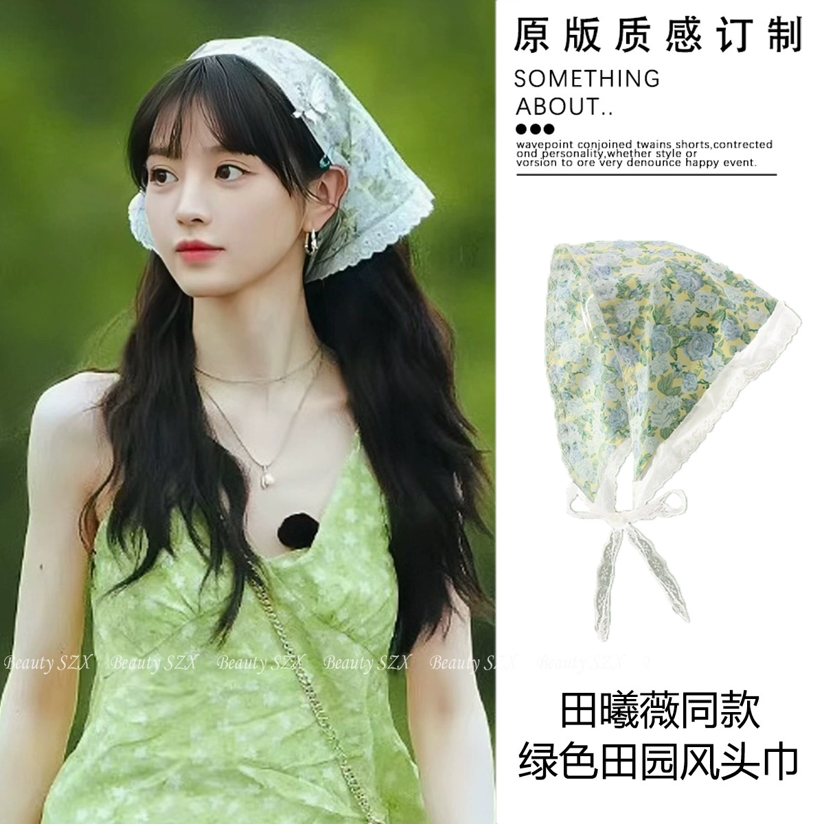 Green scarf, summer headband, flowered