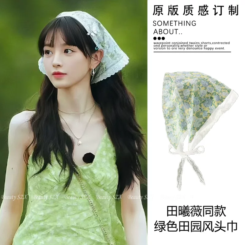 Green scarf, summer headband, flowered