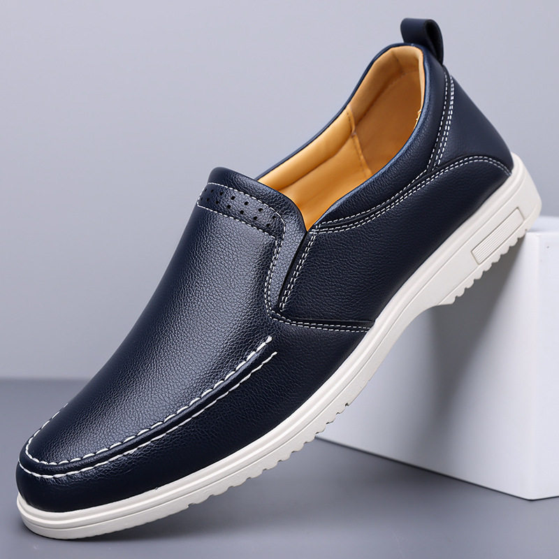 Giày lười nam cỡ lớn may thủ công, giày da casual xỏ chân, đế bằng, mũi dẹt — Màu xanh dương, màu đen