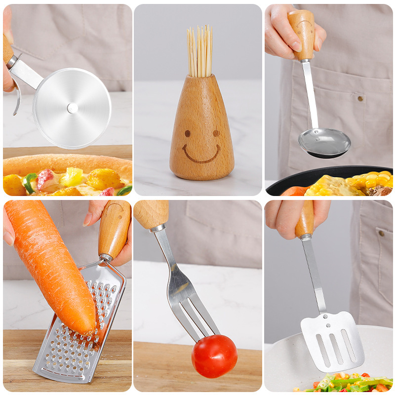 Herramientas de cocina para hornear cubiertos de cocina coreana sonrientes mango de acero inoxidable conjunto batidor de huevos horquilla cuchillo de pizza