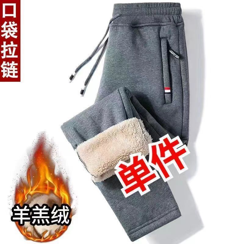 青少年宽松直筒束脚拉链冬季羊羔绒加厚加绒裤子保暖青年休闲裤男|undefined