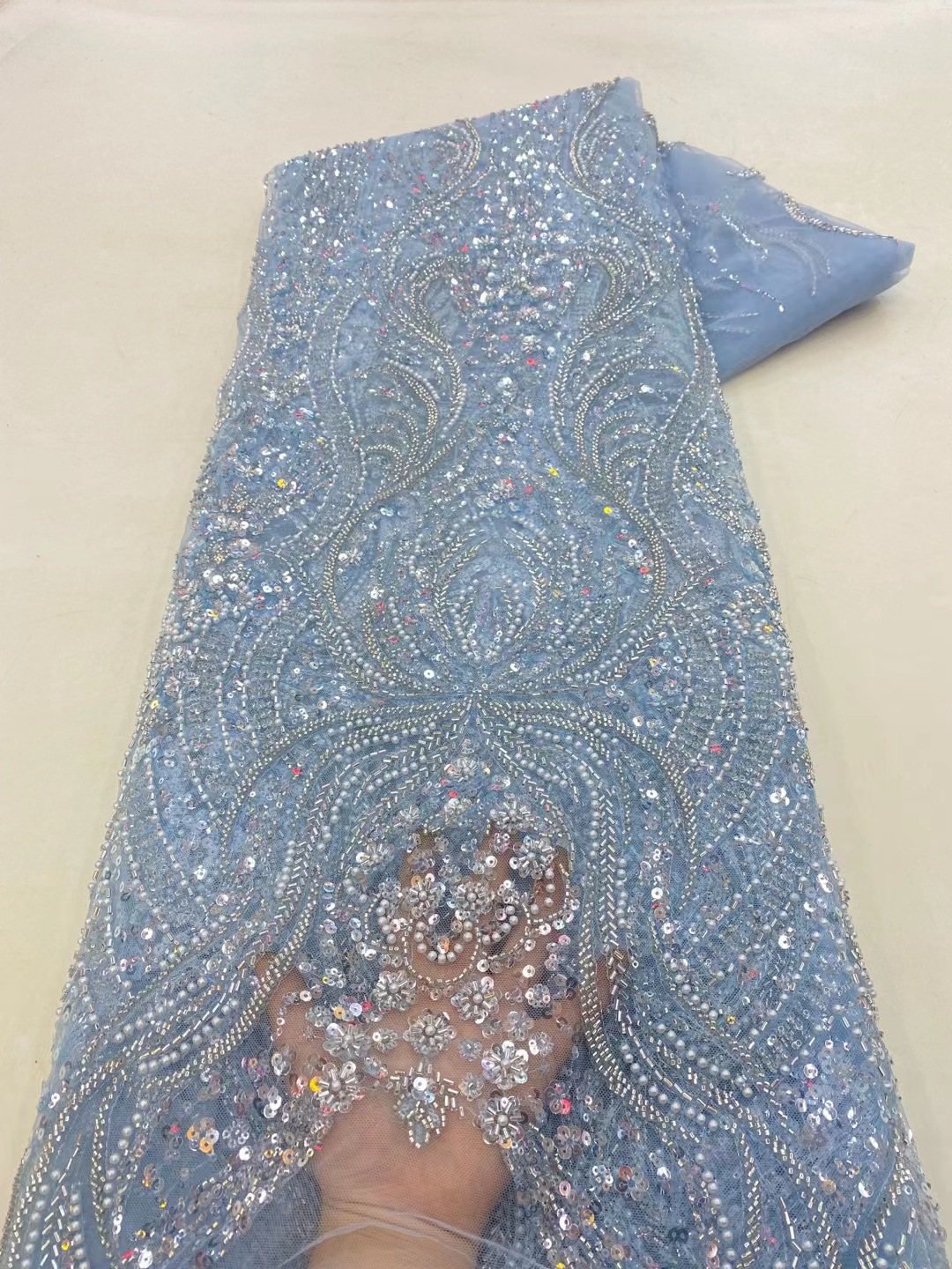 Grano de encaje stock suministro de malla cuentas tubo tela vestido de novia bordado encaje JX3088