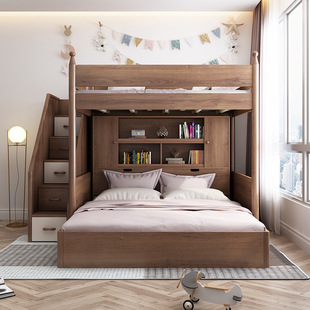 Staggered Upper and Lower Bed Staggered High and Low Bed with Desk Wardrobe Small Apartment Bed Lower Table Empty Elevated Bed