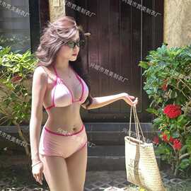 新款撞色欧美性感纯色简约三点式系绳比基尼Bikini泳衣女泰国泳装