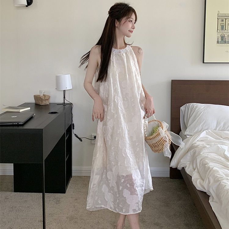 无袖挂脖连衣裙女春夏2025新款大码胖mm减龄雪纺蕾丝钩花露肩裙子|undefined