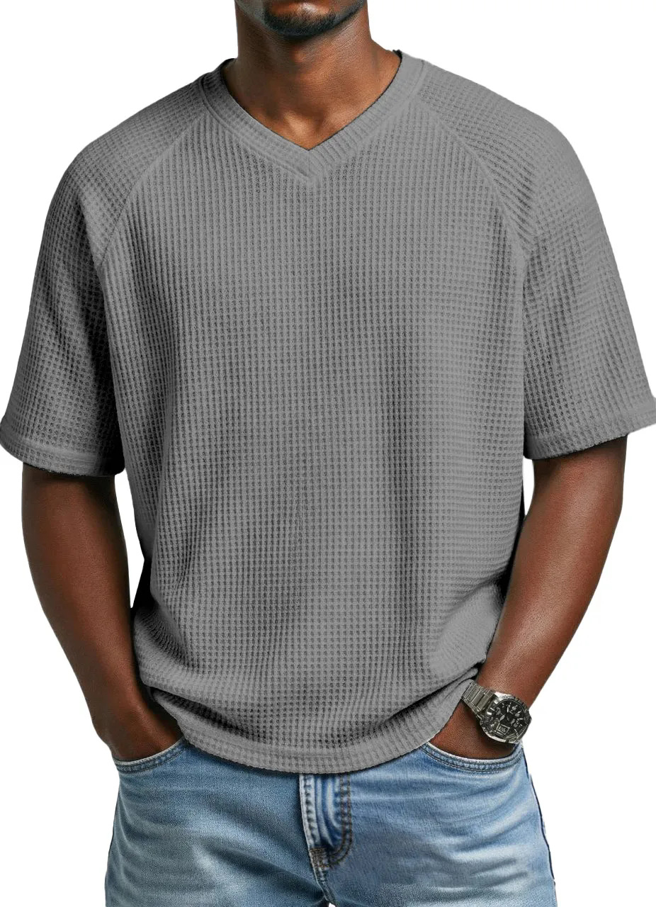 2026 Europa y América primavera y verano estación independiente transfronteriza hombre moda waffle de punto mangas de hombro de cuello en V camiseta de hombre de mangas cortas