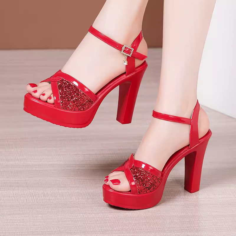 Red Fish-toe Sandals Women's Summer New Arrival Sequin Waterproof Platform Thick-soled Thick Heeled Sandals Large Size One-line Buckle High Heeled Sandals