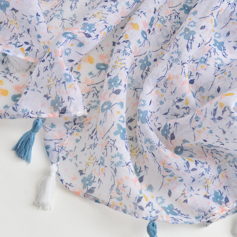 Artístico fresco azul y blanco bufanda floral Comercio exterior Exportación algodón y lino borla Toalla de playa viajes protector solar bufanda