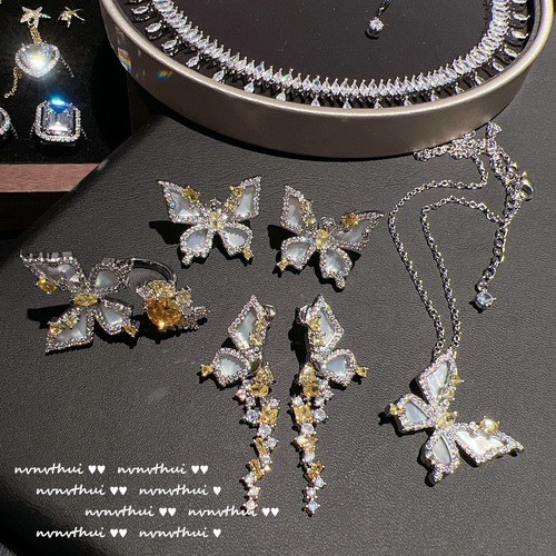 Cinderella goose yellow sapphire butterfly ring Baroque 18K gold plated irregular zircon shell butterfly earrings