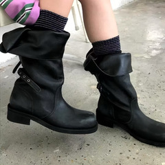 牛皮版韩系小众翻盖两穿靴子堆堆靴女皮带扣机车马丁靴中筒西部靴