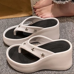 夏季女式厚底坡跟涼拖鞋休閒時尚增高防滑人字厚底夾腳海邊沙灘女