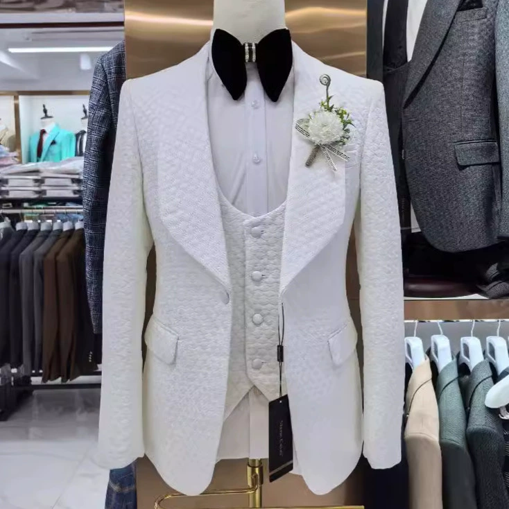 [Man suit跨境外贸提花男士婚礼休闲主持西服3件套3pics]