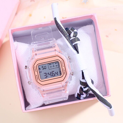 Transparent square electronic watch calendar week luminous alarm clock