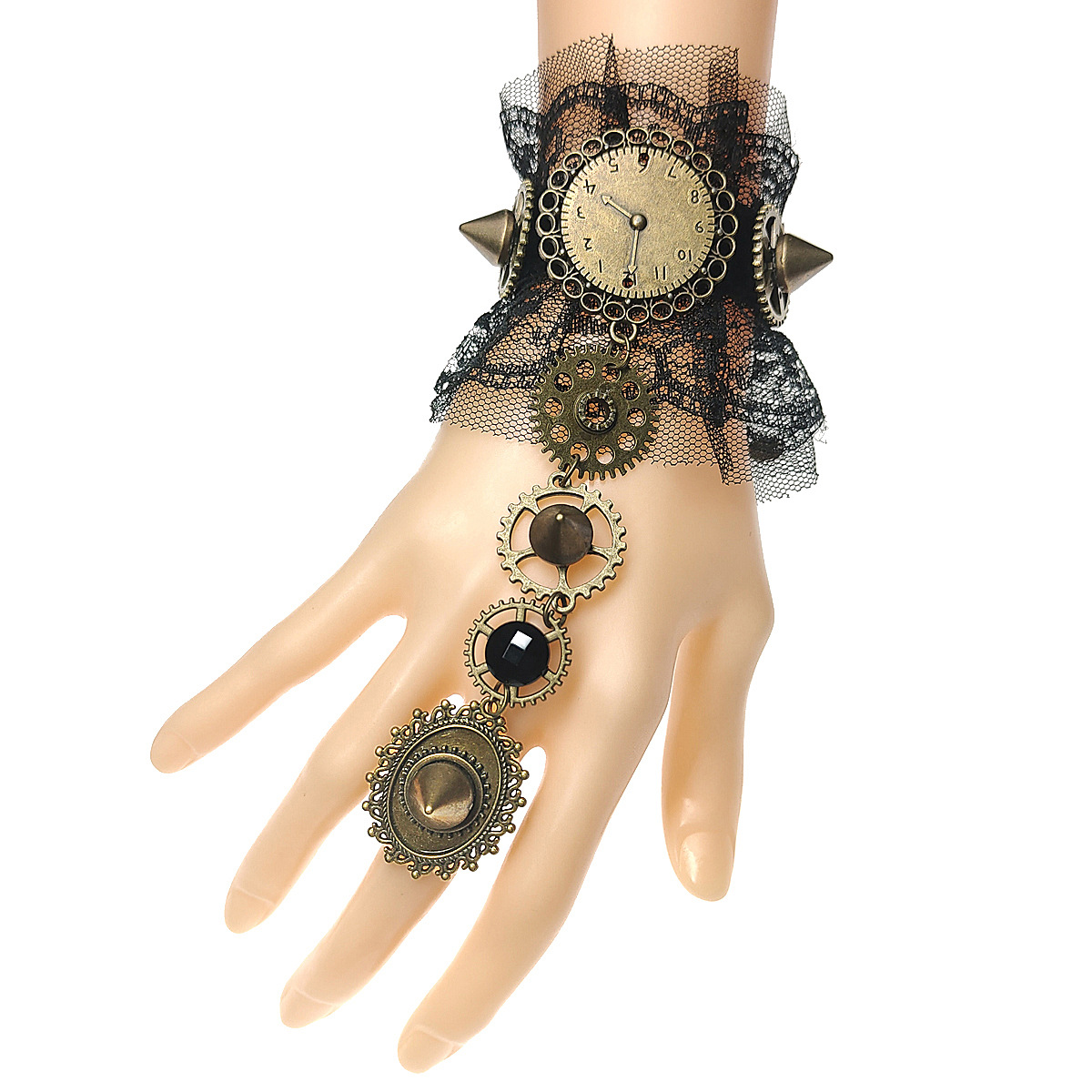 欧美Steampunk 蕾丝齿轮钟表手链戒指一体链万圣节复古手链S412
