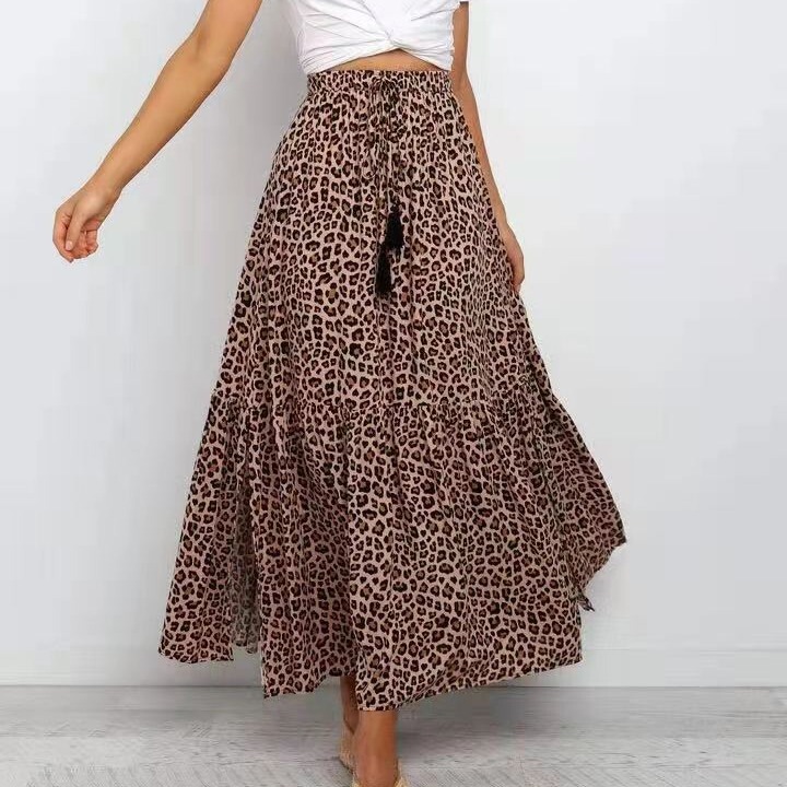 Amazon independent station spring and autumn elastic high waist brown leopard print rayon explosion large swing European and American skirt