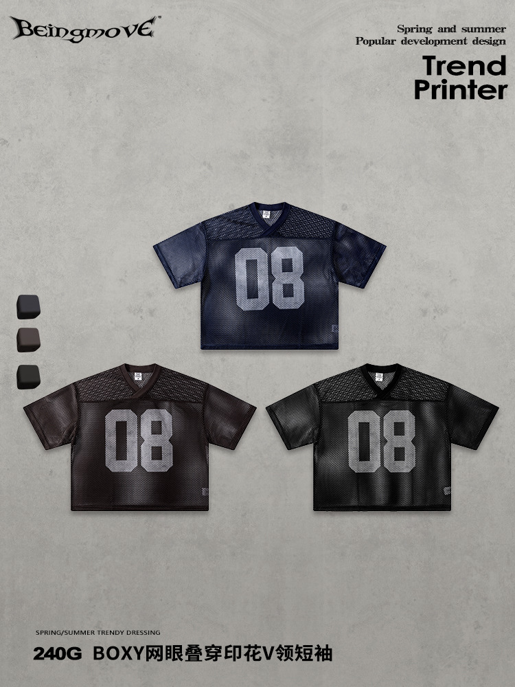 Calle secada| Calle de verano americano BOXY impresión de malla camiseta de manga corta camiseta deportiva casual versátil chaqueta de moda para hombres