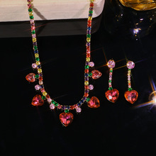 项链套装欧美时尚潮流锆石耳环新款梅红色爱心双层气质跨境项链女