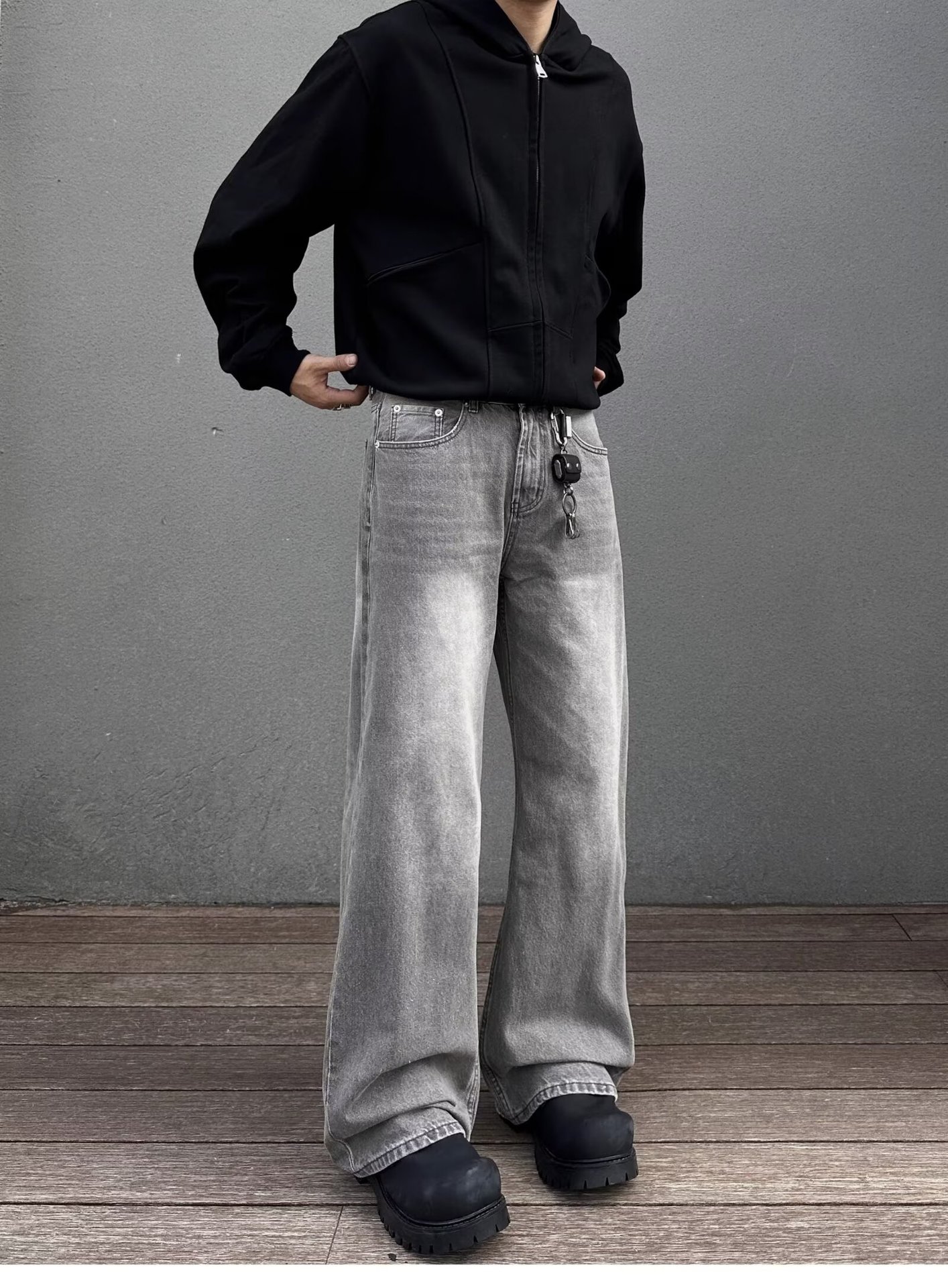 Men's Charcoal Gray Flared Jeans American Style Washed Vibe Straight Leg Loose Fit Casual Pants Mid Waist Slight Stretch_mkmklike.com