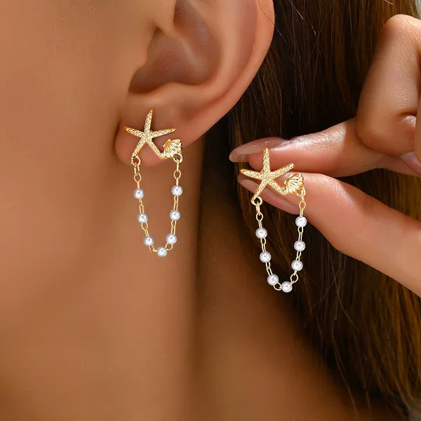 Sweet and Fresh Korean Style Women's Earrings Niche Star Shell String Pearl Design Earrings High-grade All-match Earrings