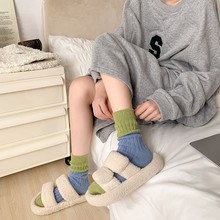 袜子女糖果色拼色中筒羊毛袜秋冬软糯加厚保暖日系甜美撞色堆堆袜