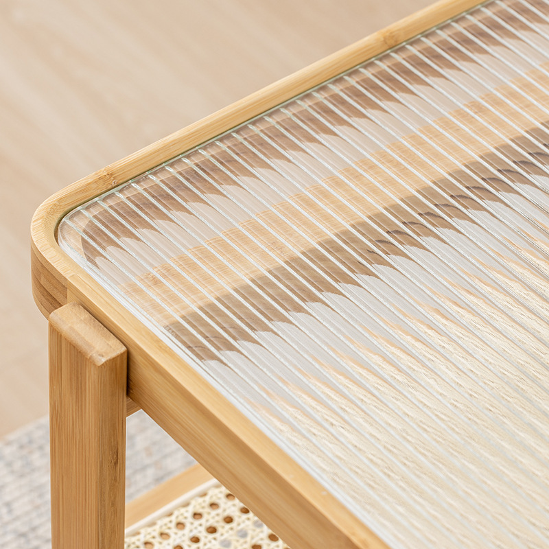 Mesa de café sala de estar nórdico simple pequeño apartamento mesa de té de vidrio templado cama y desayuno mesa de té de doble capa de ratán japonés nuevo