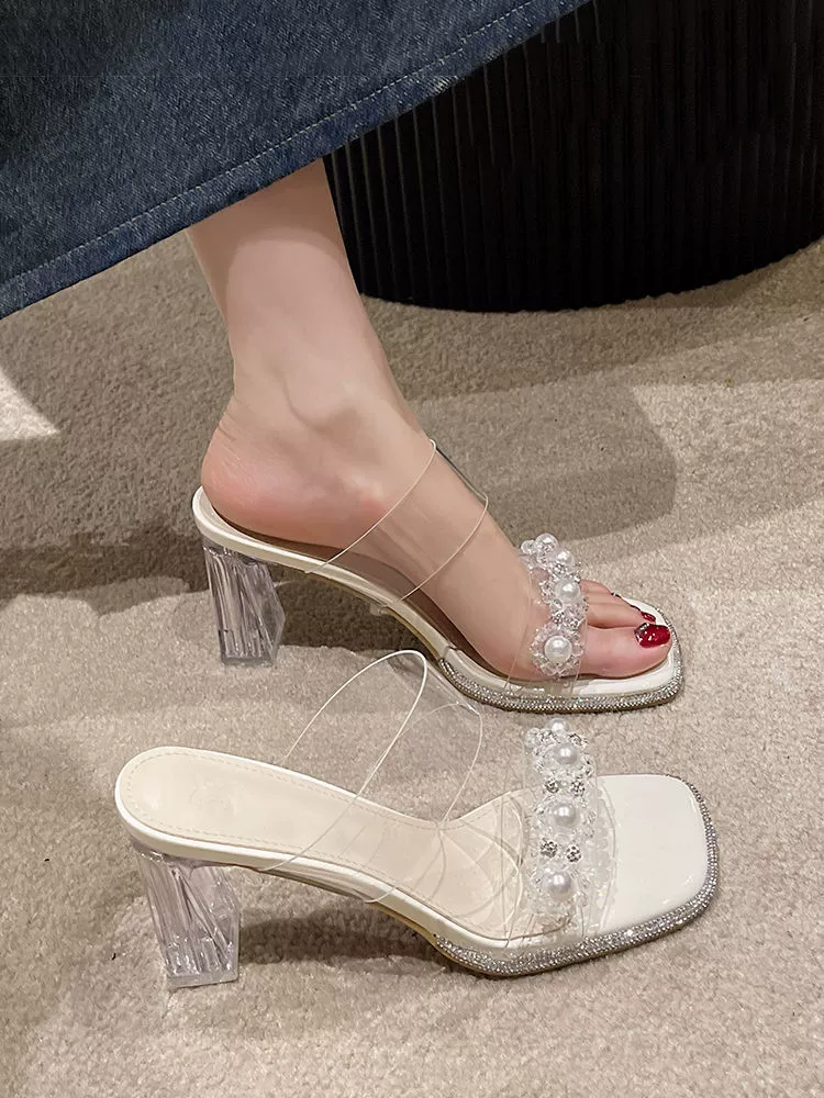 Прозрачные сандалии на высоком каблуке, новинка лета 2023, высококачественные модные самая популярная верхняя обувь на толстом каблуке с кристаллами, женская обувь