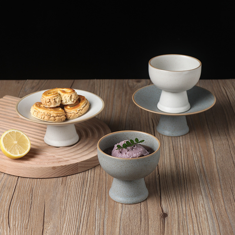Chinese-style retro ceramic dried fruit plate high-leg exquisite Japanese tea tray simple high-leg pastry plate household dried fruit dish