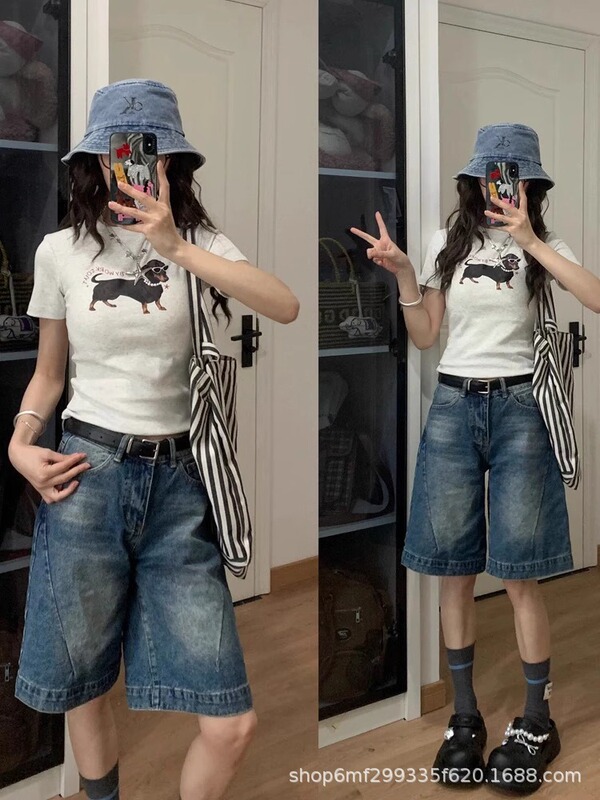 大码复古美式a字牛仔短裤女夏季胖mm高腰显瘦直筒阔腿五分中裤子|undefined