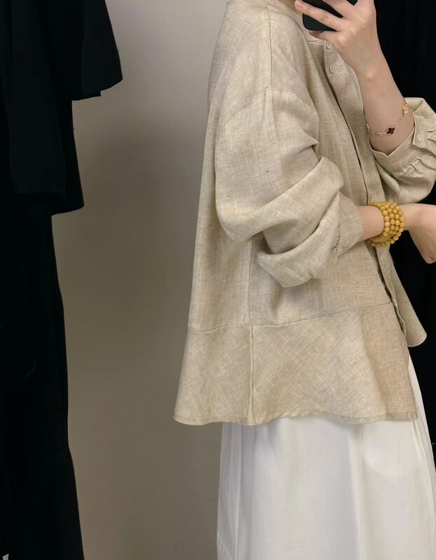 2025文艺复古女衬衫秋季 新款宽松百搭中长款亚麻衬衫女式|undefined