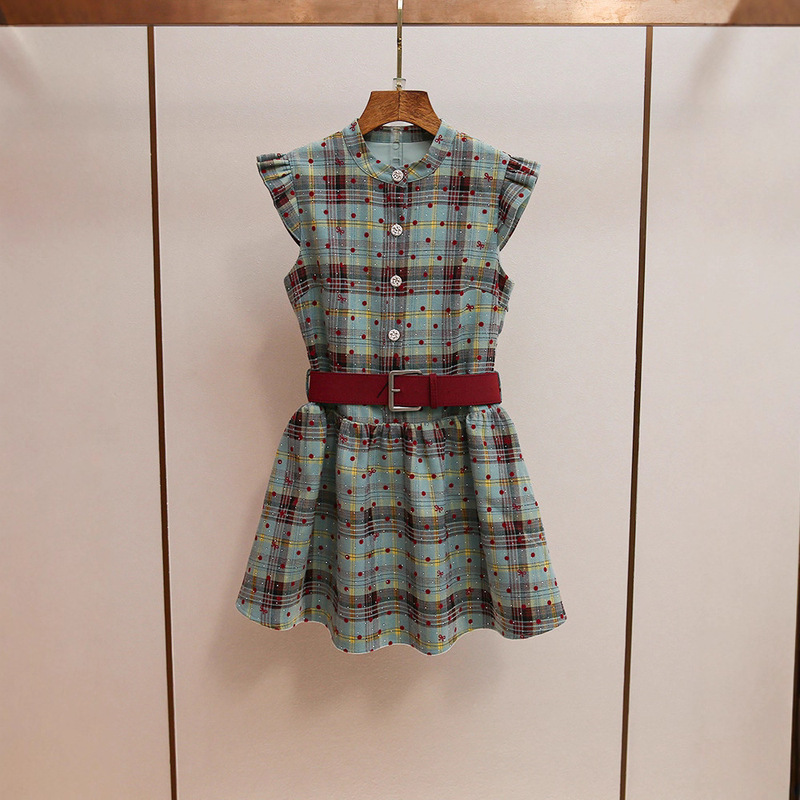 Shenzhen Nanyou Classy Women's Autum New Sweet and Fresh Flying Sleeves Fine Shiny Diamond Plaid Dress for Women Shenzhen Nanyou Classy Women's Autum New Sweet and Fresh Flying Sleeves Fine Shiny Diamond Plaid Dress for Women