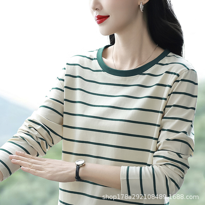 Pure Cotton Base Shirt for Middle-Aged Mothers, Long-Sleeve T-Shirt for Women, New Spring and Autumn Top, Loose Plus-Size for Layering or Outerwear